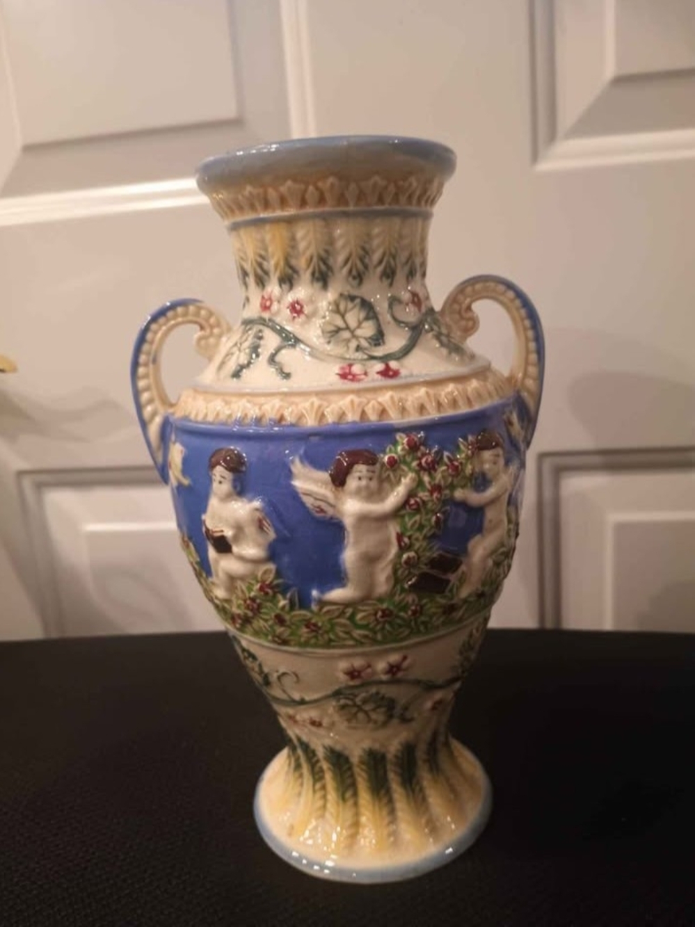 Blue and Cream Cherub Relief Decorative Vase - Unbranded